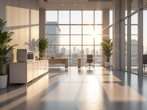 美联储大楼外观,现代建筑风格,玻璃幕墙反射阳光,周围有绿色植物和现代化城市景观,专业金融分析背景